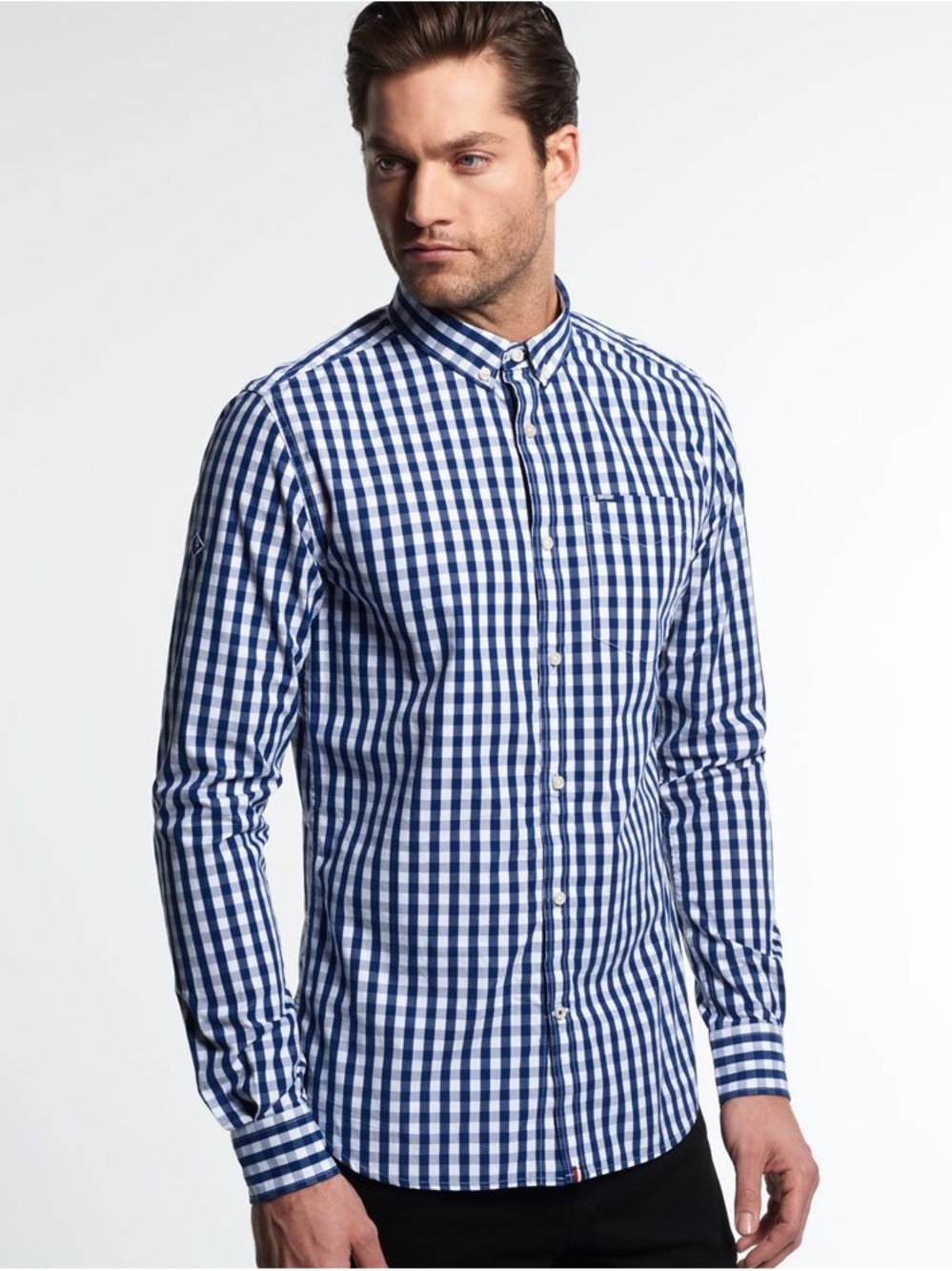 Men’s Superdry Navy and White Gingham Button-Down  Size Large 100% Cotton